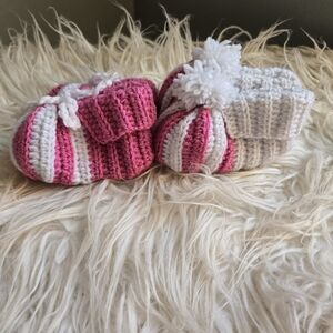 Pink and White Striped Baby Booties Handmade